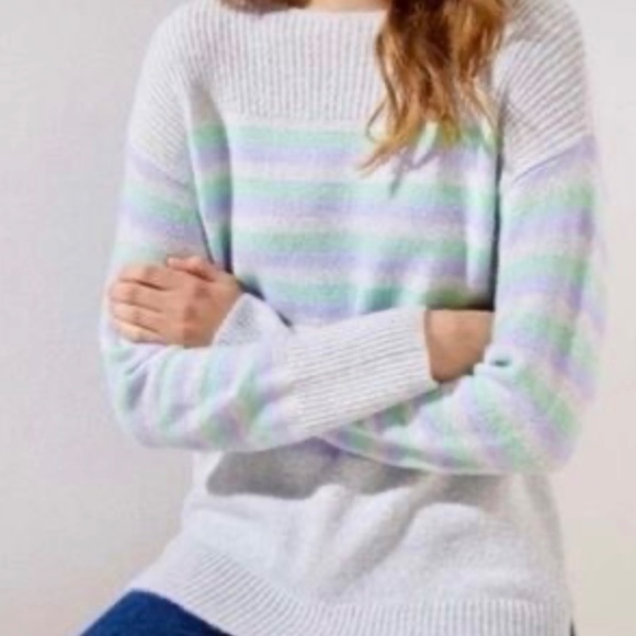 LOFT Striped Boat-Neck Striped Sweater- Lt. Gray, Mint, Lavender- Size M - Picture 1 of 8